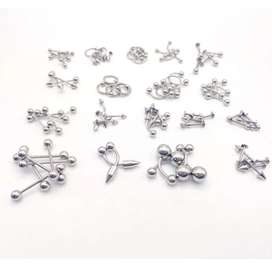 Detailed overhead view of assorted silver stainless steel body piercing jewelry set