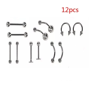 12pcs stainless steel body piercing set including barbells and rings for ears and lips