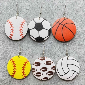 Vintage Wooden Sports Ball Drop Earrings Round Football Basketball Baseball Volleyball Rugby Dangle Earrings For Women