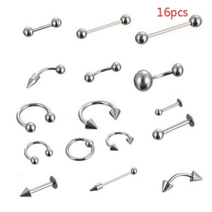 Detailed set of 16 silver stainless steel body piercing studs for nose, tongue, and belly