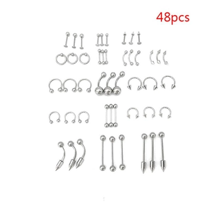 Detailed set of 48 mixed stainless steel body piercing jewelry in polished silver finish