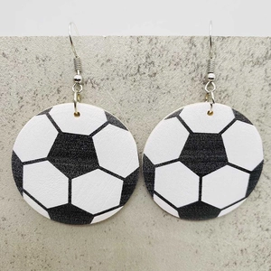 Vintage wood soccer ball drop earrings with black and white leather texture pattern