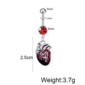 Stainless steel belly button ring with red anatomical heart pendant and zircon