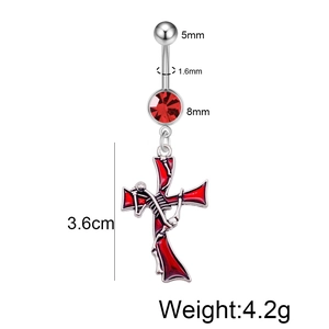 Gothic stainless steel belly ring with red gem and skeleton wrapped cross pendant
