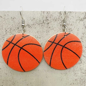 Retro basketball wood dangle earrings with orange texture and silver hooks for sports fans