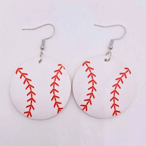 Vintage baseball pattern wooden round drop earrings with silver fishhook ear wires