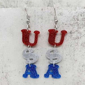 Independence Day acrylic USA earrings with red silver blue sequins and star charms