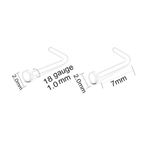 Detailed specs of white L-shaped nose studs with 1.0mm gauge and 2.0mm head size