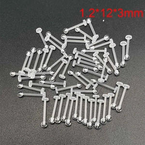 Detailed macro view of 1.2x12x3mm clear acrylic ear studs with flat base and round balls