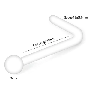 Detailed specs of clear 18G L-shaped acrylic nose stud with 7mm bar and 2mm ball