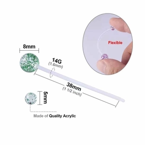 Flexible acrylic industrial barbell piercing with silver green glitter balls for body jewelry