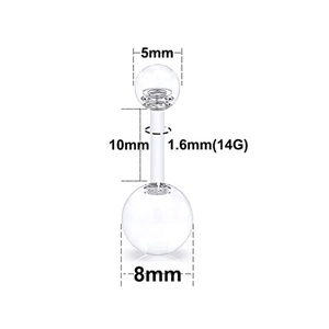 Transparent acrylic belly button ring with 10mm bar length and 1.6mm thickness specs