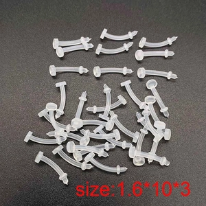 Macro view of transparent acrylic soft labret studs showing 1.6*10*3 size specifications