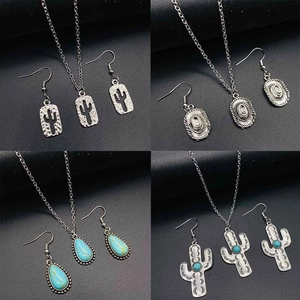 Vintage Western Cowboy Schmuckset Retro Kaktus Bullenkopf Künstlicher Türkis Anhänger Halskette Ohrringe Set Für Damen
