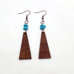 Bohemian dangle earrings with turquoise beads and triangular dark wood pendant on white
