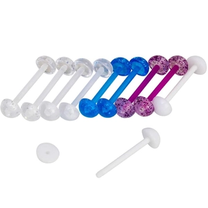 Set de piercings langue en acrylique flexible pailleté avec barres de bioflex