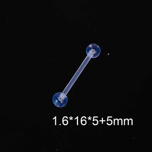 Vue détaillée du piercing de langue flexible en acrylique transparent 1,6x16mm avec billes