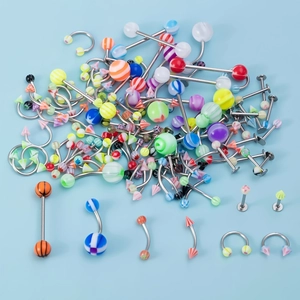 Colorful acrylic and stainless steel body piercing set with assorted barbells and rings