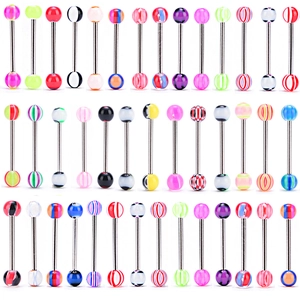 42-piece acrylic piercing set with stainless steel barbells in vibrant colors and patterns