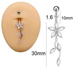 Macro detail of navel ring with flower zircon pendant showing 1.6mm gauge and 10mm length