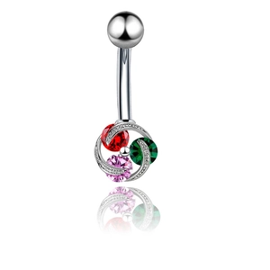 Polished stainless steel belly ring with vibrant red, green, and pink zircon gemstones