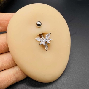 Surgical steel belly button ring with butterfly pendant and AAA cubic zirconia crystals