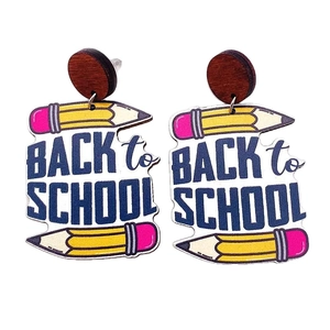 Back to School wooden earrings featuring pencil illustration and round timber stud