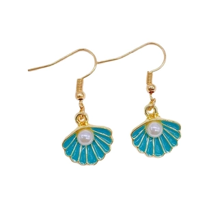 Ocean series shell earrings with turquoise enamel and pearl accents on gold hooks