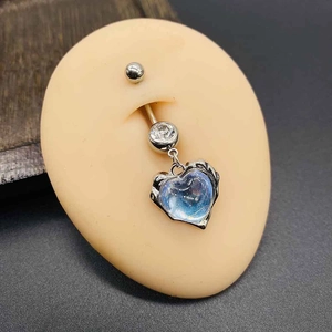 Silver stainless steel belly button ring with blue heart pendant and clear zircon stone