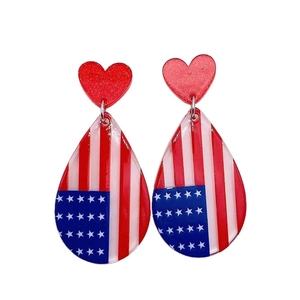 Teardrop acrylic earrings with American flag design and red glittery heart studs