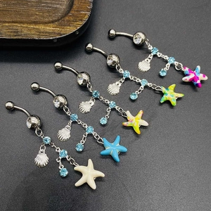 Set di 5 piercing all'ombelico in acciaio inox con stelle marine e conchiglie colorate