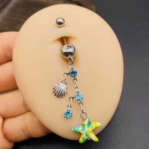 Piercing ombelico in acciaio inox con strass blu e ciondolo a forma di stella marina