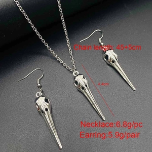 Gothic silver crow skull pendant necklace and earrings set with 45cm chain dimensions
