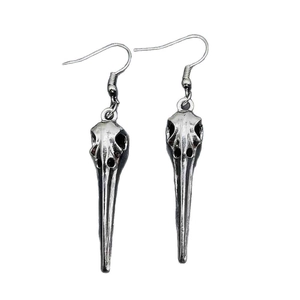 Vintage gothic bird skull dangle earrings in antique silver finish for women