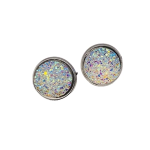 Boucles d'oreilles druzy rondes de 12mm avec monture en acier argenté et paillettes arc-en-ciel