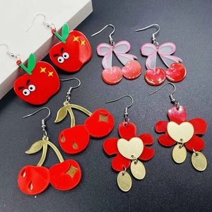 Cartoon Fruit Acrylic Dangle Earrings Cute Red Apple Cherry Heart Flower Drop Earrings For Women Fashion Jewelry Gift