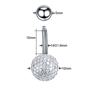 Tabla detallada de tallas para piercing de ombligo plateado con circonitas brillantes