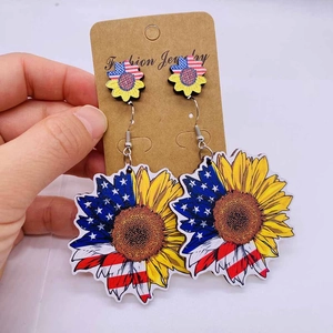 American Flag Sunflower Wood Earrings Independence Day Patriotic Sun Flower Drop Stud Earrings Set For Women Jewelry