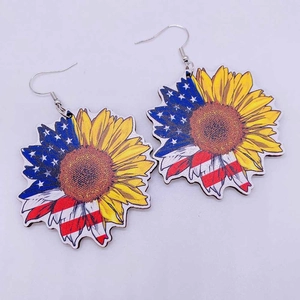 Independence Day wooden sunflower earrings with American flag pattern on fishhook drops