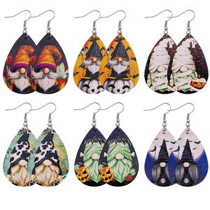 Halloween Gnome Artificial Leather Drop Earrings Teardrop Shape Pumpkin Mummy Witch Print Earrings For Women Party Holiday Jewelry