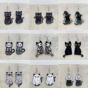 Halloween Acrylic Cat Dangle Earrings Horror Pumpkin Ghost Skeleton Mummy Drop Earrings For Women Party Fashion Jewelry Gift