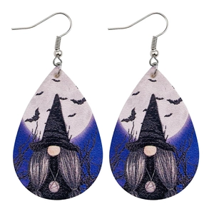 Teardrop faux leather Halloween earrings featuring a gnome with a witch hat and bat motif