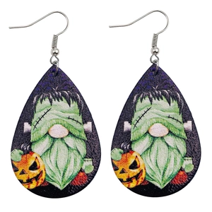 Detail of Halloween gnome pumpkin teardrop earrings in printed faux leather material