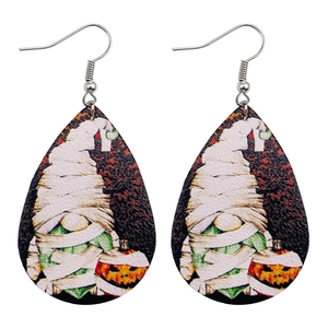 Faux leather teardrop earrings featuring mummy gnome and pumpkin Halloween motifs