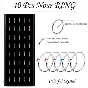Lot de 40 piercings de nez en acier inoxydable avec cristaux colorés et bouts polis
