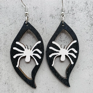 Halloween wooden drop earrings with black leaf frame and white spider motif charms