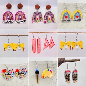 Boucles d'Oreilles en Acrylique Fête des Enseignants Crayon Règle Arc-en-Ciel Léopard École Boucles d'Oreilles Femme Bijoux Cadeau