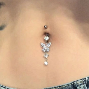 Edelstahl Bauchnabel Piercing Zirkonia Schmetterling Herz Blume Langer Anhänger Navel Ring Body Jewelry Damen Geschenk