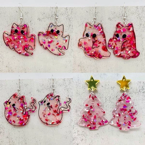 Christmas Tree Star Cat Ghost Acrylic Drop Earrings Pink Sequin Glitter Handmade Titanium Post Holiday Jewelry Gifts For Women