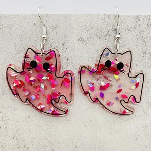 Pink glitter ghost cat acrylic earrings with silver hooks for Christmas gifting
